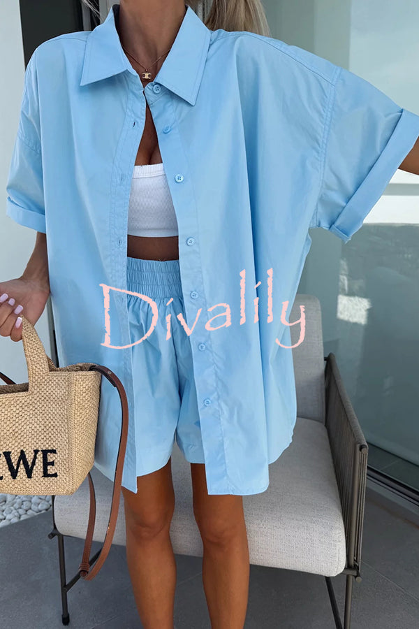 Summer Casual Loose Short-sleeved Shirt and Elastic High Waist Shorts Set
