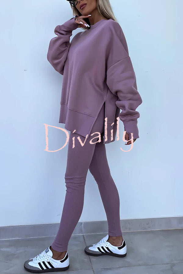 Solid Color Loose Long Sleeve SlitSweatshirt and Elastic Waist Tight Pants Set