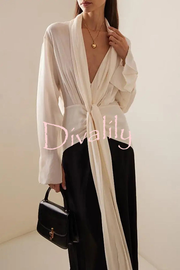 Fashion Contrast Color V-neck Tie High Waist Drape Maxi Dress