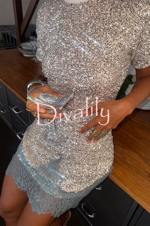 Power of Styling Sequin Lace Trim Elastic Waist Mini Skirt