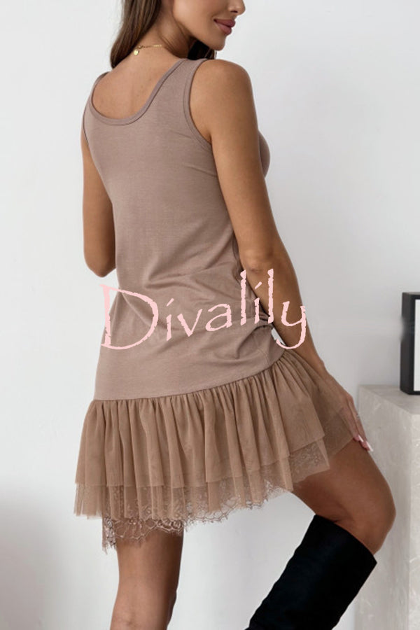 Breezy City Tulle Lace Tiered Hem Stretch Tank Mini Dress