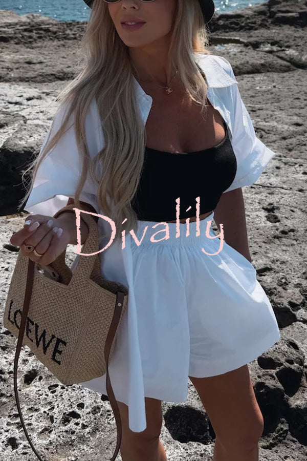 Summer Casual Loose Short-sleeved Shirt and Elastic High Waist Shorts Set