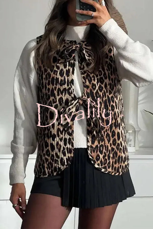 Leopard Print Lace-up Bow Sleeveless Statement Vest Top