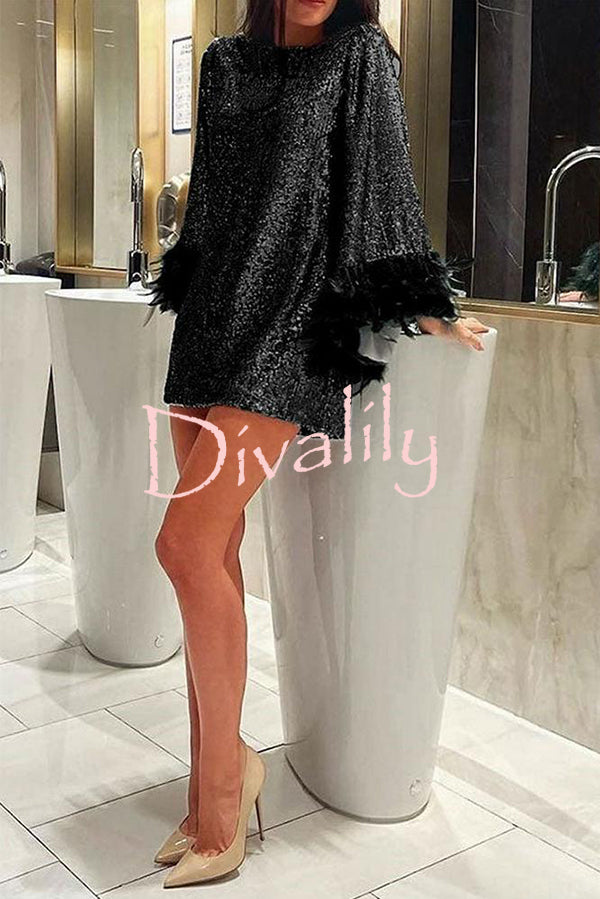 Solid Sequin Elegant Feather Long Sleeve Mini Dress