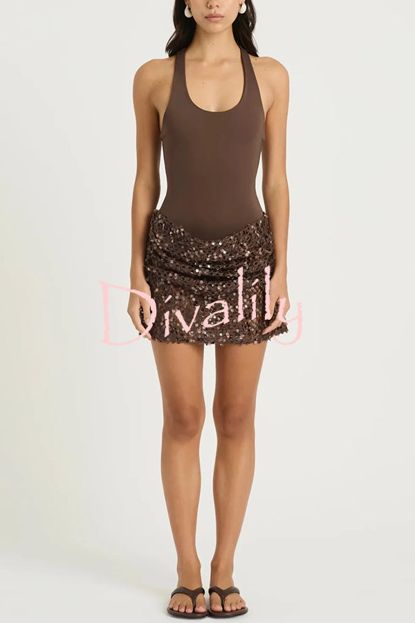 Shine Your Event Ruched Sequin Draped Hem Tank Stretch Mini Dress