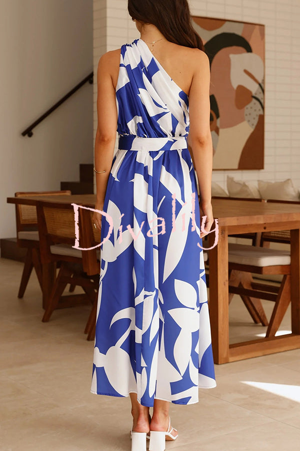 Unique Print Sleeveless One Shoulder Belted Maxi Dress