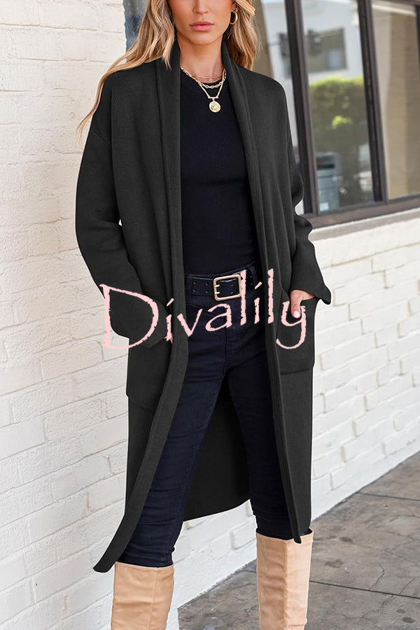 Solid Color Long-sleeved Casual Loose Pocket Mid-length Cardigan