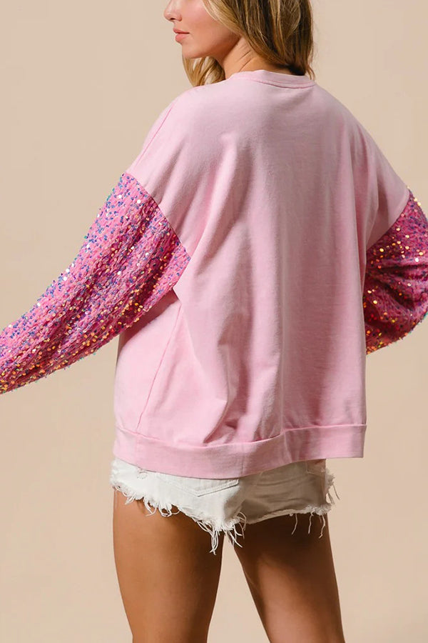 Christmas Casual Loose Round Neck Sequined Sleeve Sweatshirt