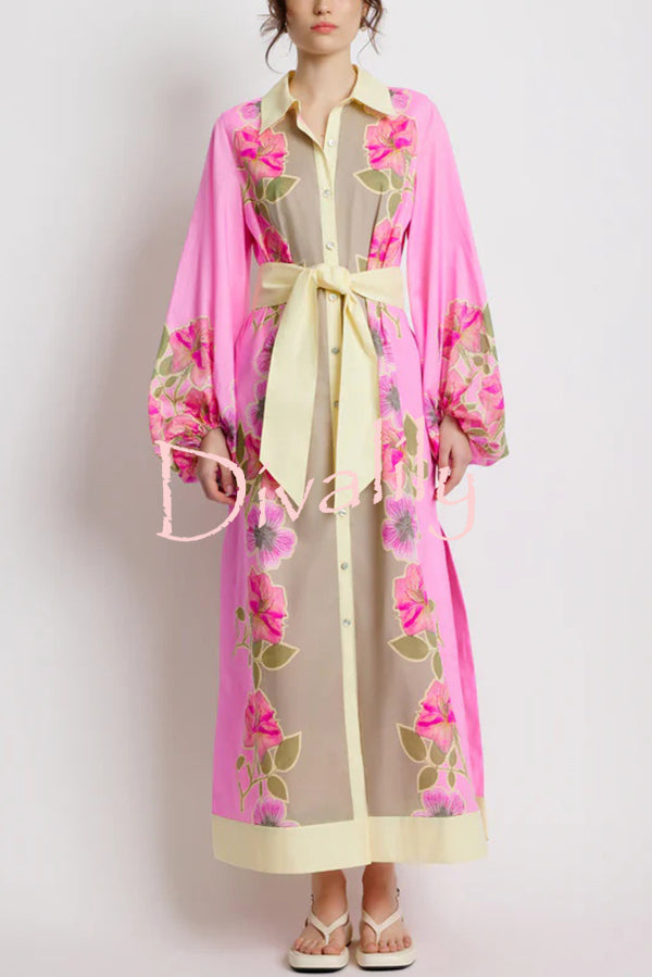Linen Blend Floral Print Casual Cardigan Lace-up Maxi Dress