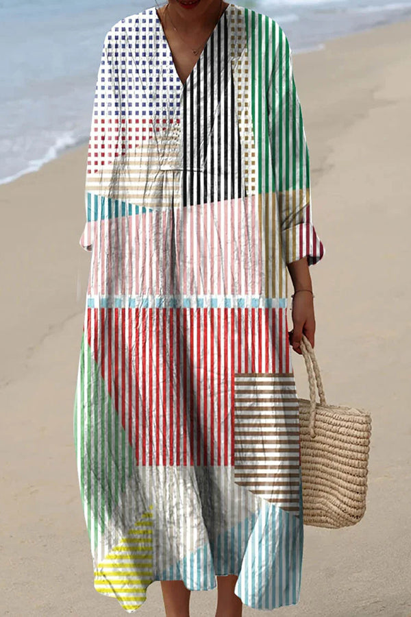 Striped Print V-Neck Long Sleeve Loose Midi Dress