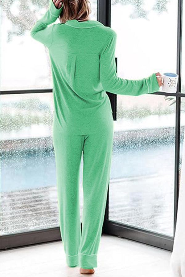 Home-style Loose-fitting Long-sleeved Pocket Shirt and Elastic Waist Casual Pants Set