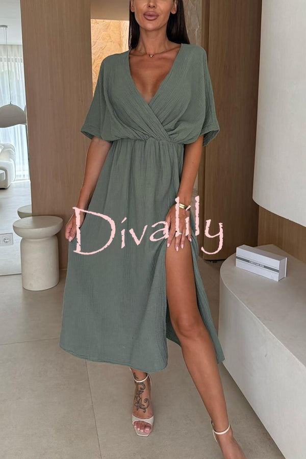 Linen Blend Solid Color V-neck Short Sleeve Waist Loose Slit Midi Dress
