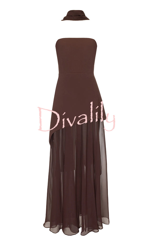 Monaco Off Shoulder Structured Top Chiffon Slit Hem Scarf Maxi Dress