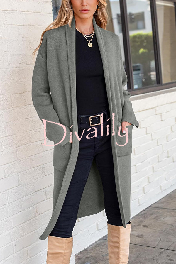 Solid Color Long-sleeved Casual Loose Pocket Mid-length Cardigan