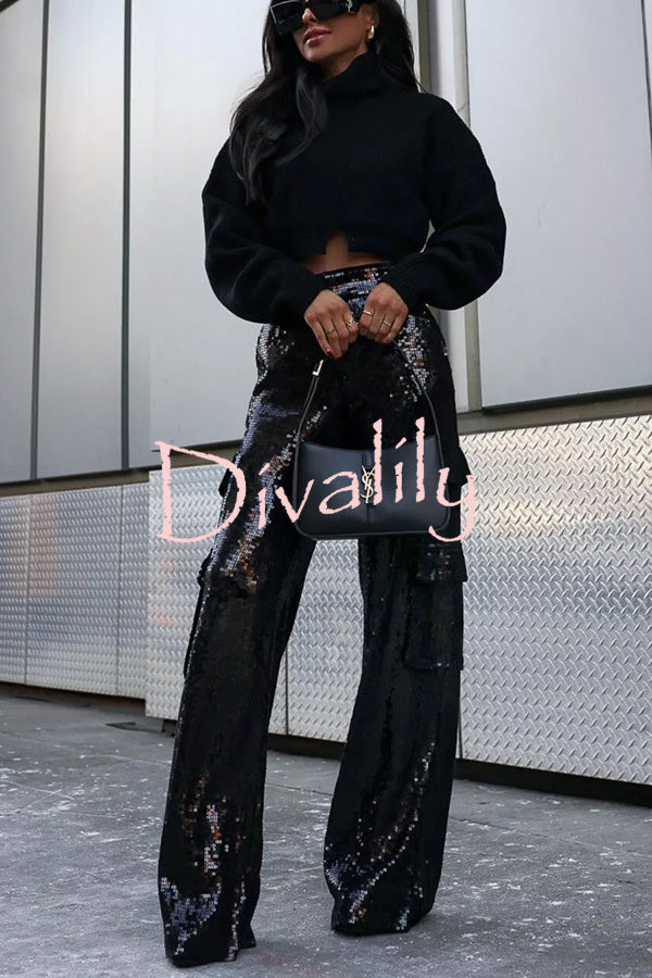 Night Gathering Sequin High Rise Pocketed Wide Leg Cargo Pants