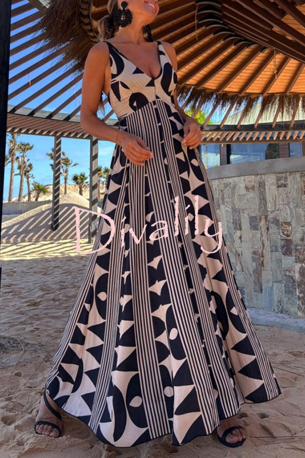 Sabine Geometric Print V-Neck Back Smocked A-line Maxi Dress