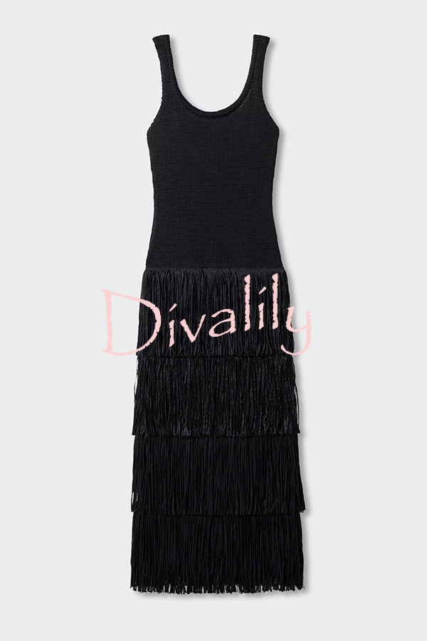 Solid Color Sleeveless Slim Fit Fringed Hem Knitted Midi Dress