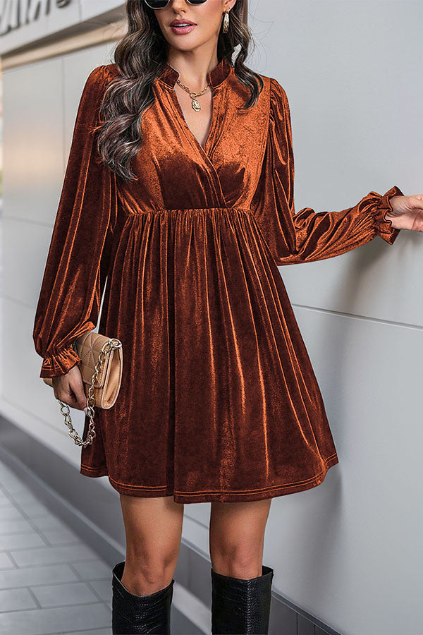 Solid Color Velvet V-Neck Long Sleeve Loose Mini Dress