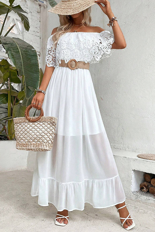 Solid Color Off-The-Shoulder Lace Panel Holiday Maxi Dress