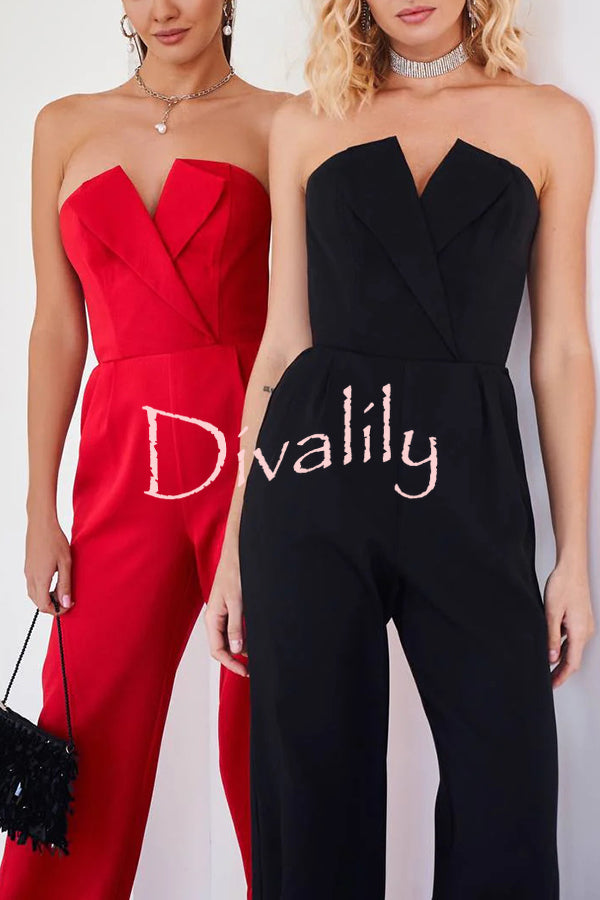 Tuxedo-style Off Shoulder Pocket Wide Leg Formal Jumpsuit