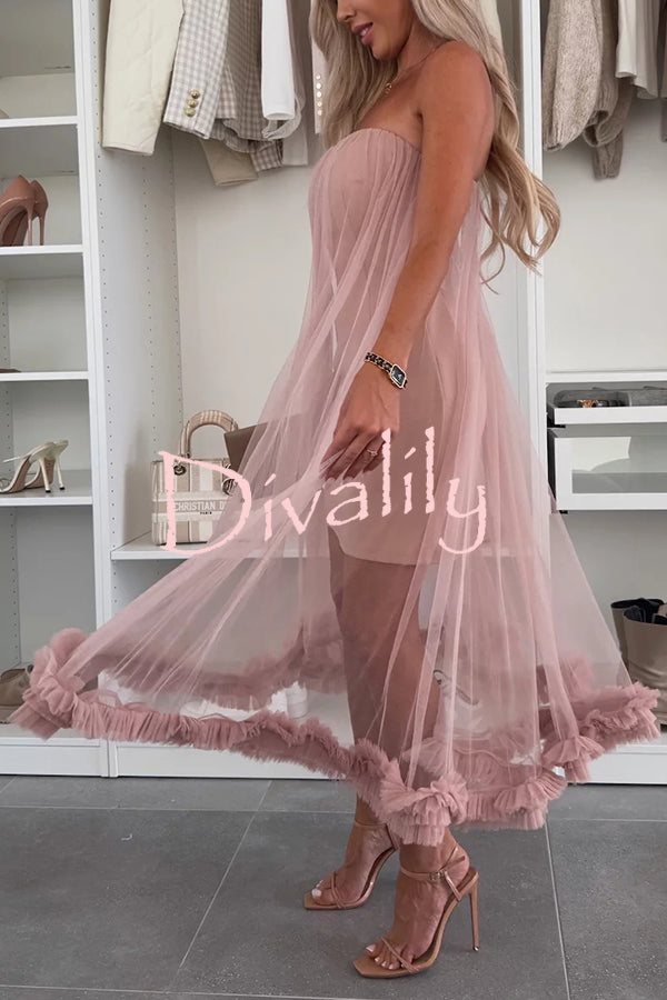 Fairytale Charm Tulle Off Shoulder Ruffles Trim A-line Midi Dress