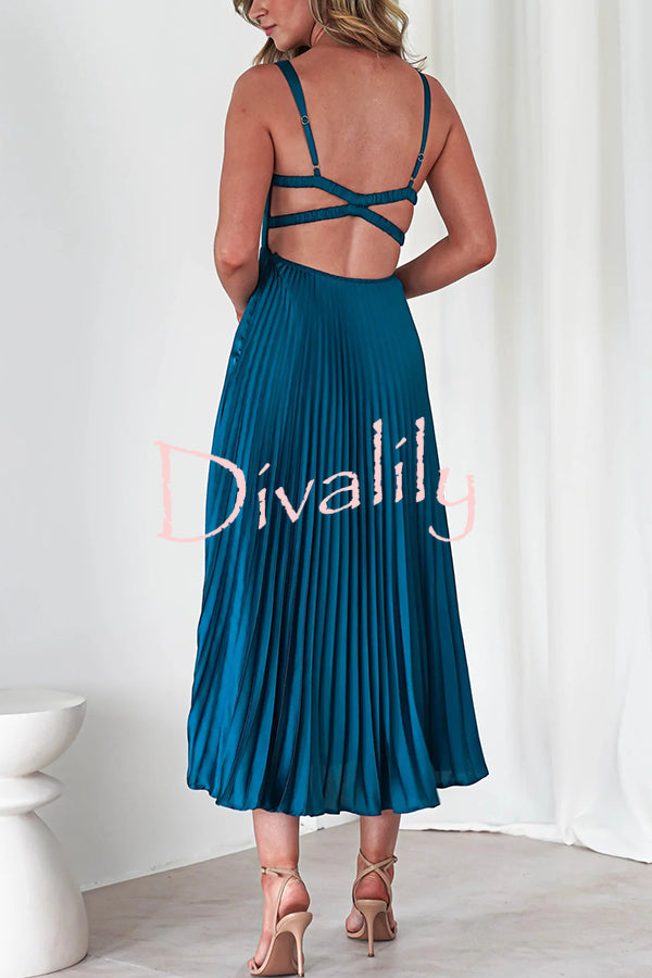 Satin Solid Color Sexy V-Neck Pleated Maxi Dress