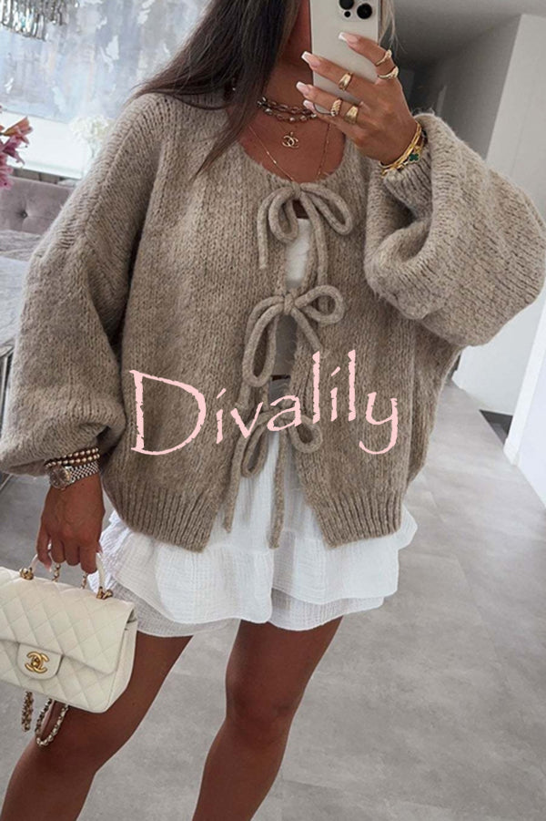 Solid Color Long-sleeved V-neck Lace-up Loose Knitted Sweater