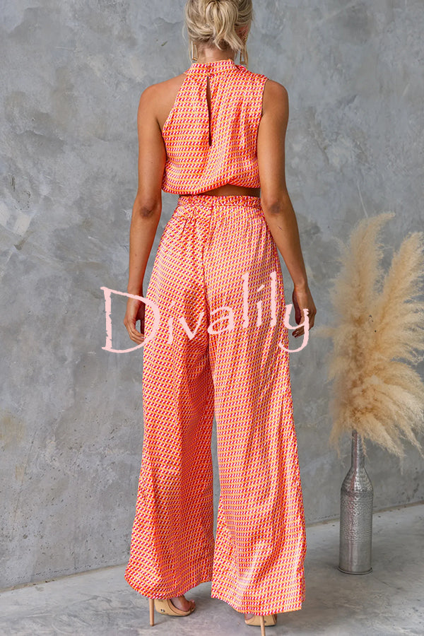 Girls Night Satin Printed High Neck Top and Elastic Tie-up Waist Pocket Wide Leg Pants Set