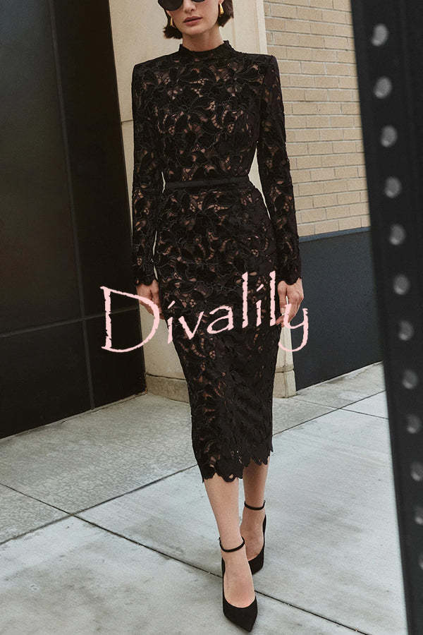 Diane Velvet Embroidered Floral Lace Long Sleeve Belt Scallop Edge Midi Dress