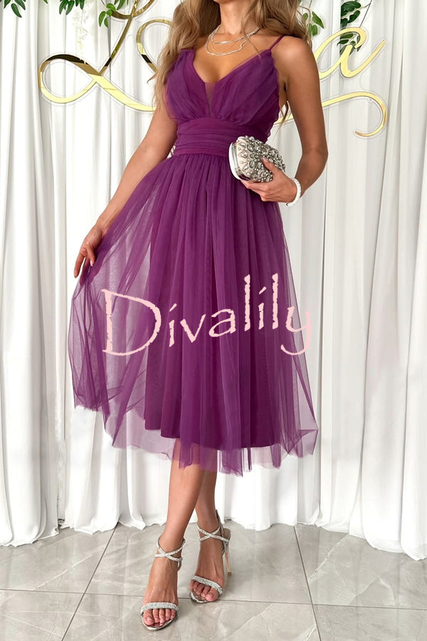 Stylish Luxury Tulle Ruched Waist Pleated Slip Formal Midi Dress