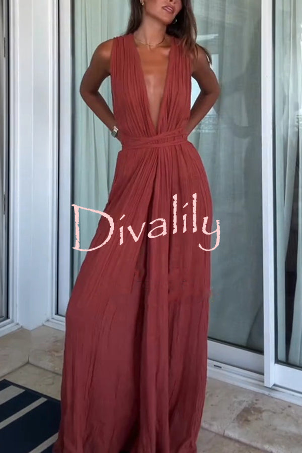 Resort Style V-neck Tie Pleated Casual Jumpsuit