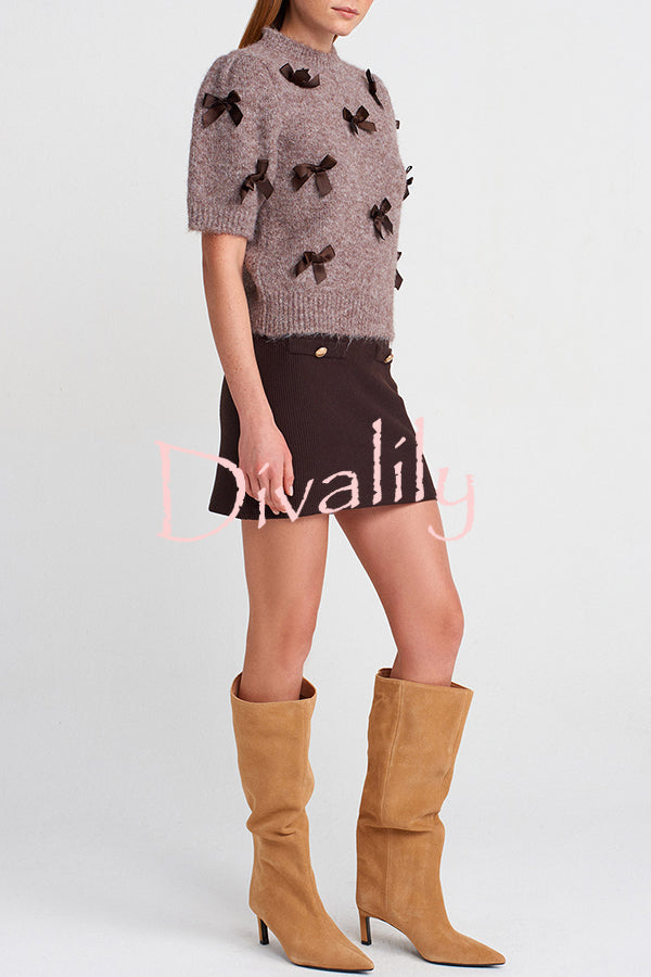 Jensin Knit Satin Bow Detail Short Sleeve Crop Sweater