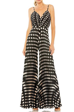 Soul Dancing Polka Dot Print Pleated V-Neck Slip Wide Leg Jumpsuit