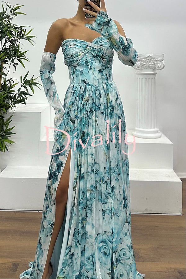 Reina Chiffon Floral Print Pleated Bodice Split Sleeve Strapless Slit Maxi Dress