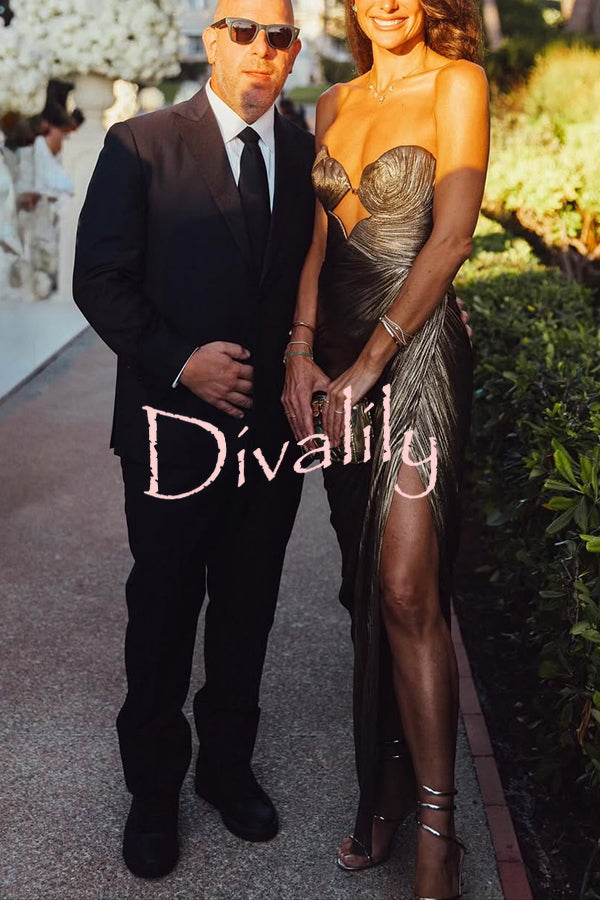Amisha Metallic Pleated Shell Cups Hollow Gold Pendant Strapless Drape Slit Maxi Dress