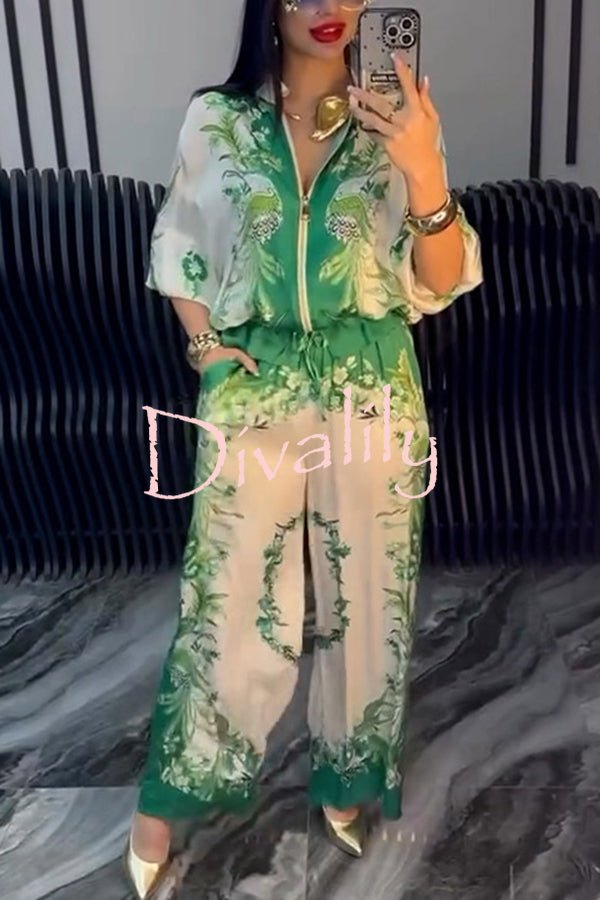 Unique Printed Casual Long-sleeved Loose Top and Elastic Waist Pocket Wide-leg Pants Set