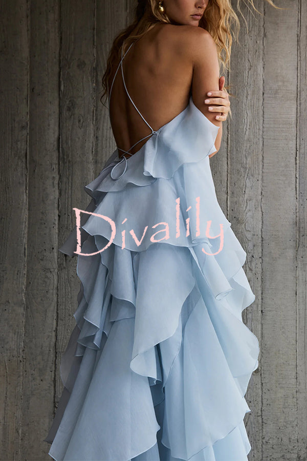 Free - Flowing Rose Detail Tiered Ruffles Halter A-line Maxi Dress