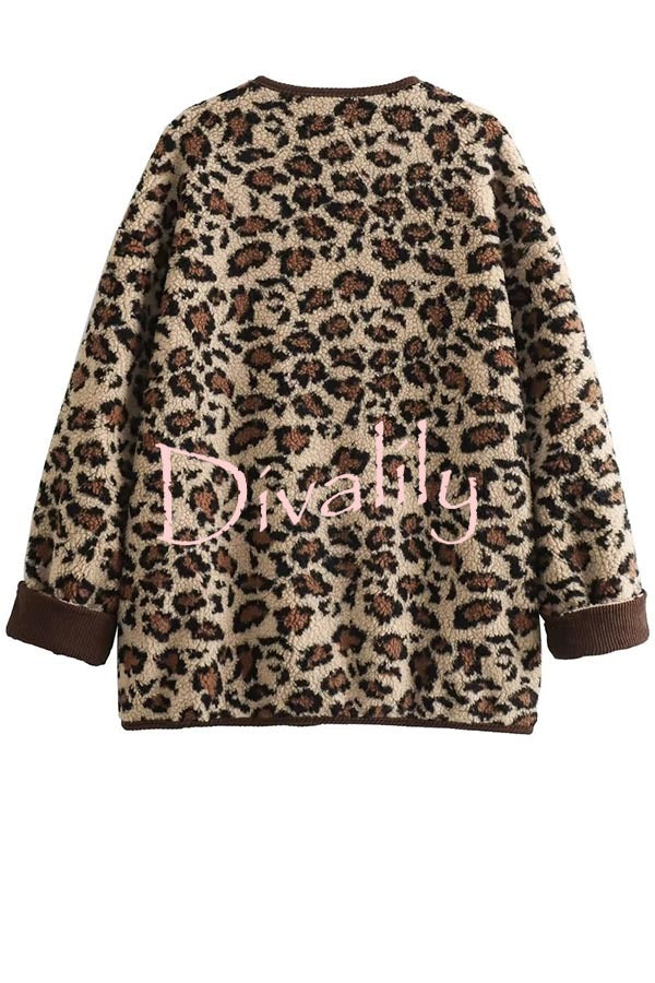 Warm Feel Colorblock Leopard Print Plush Button Up Pocketed Teddy Jacket