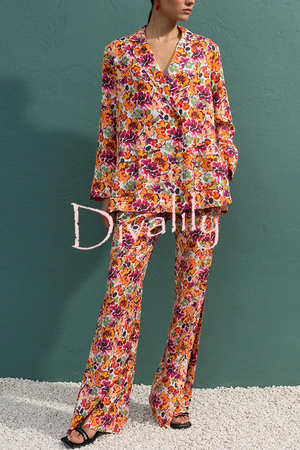 Full of Energy Flower Print Lapel Blazer and Elastic Waist Pocket Pleated Side Hem Pants Set