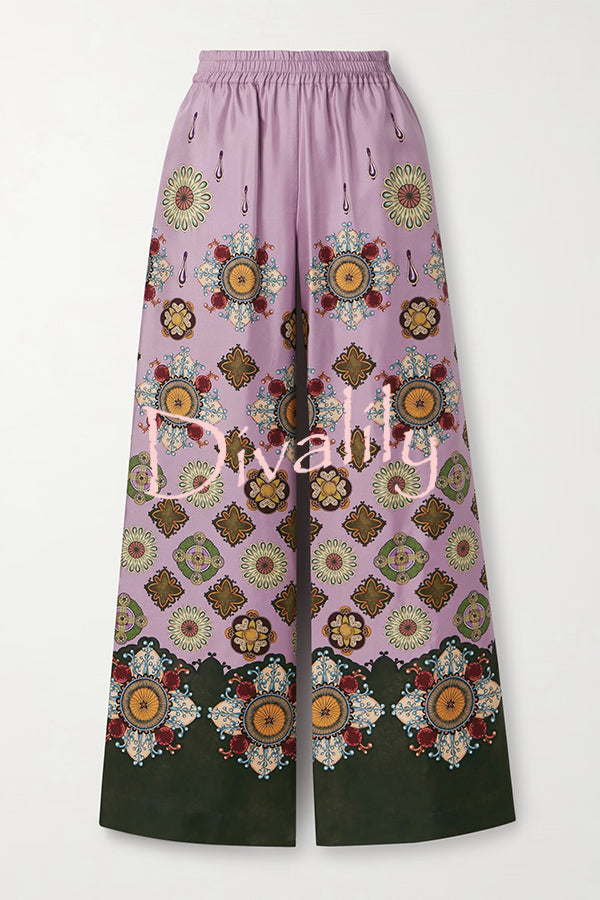 Satin Unique Print Loose Batwing Sleeve Top and Elastic Waist Pocket Casual Wide-leg Pants Set