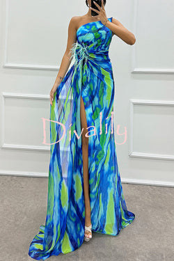 Amazing Views Watercolor Print Feather Rose Detail Off Shoulder Pleated Slit Maxi Dress