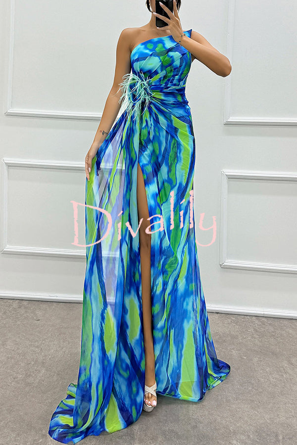 Amazing Views Watercolor Print Feather Rose Detail Off Shoulder Pleated Slit Maxi Dress