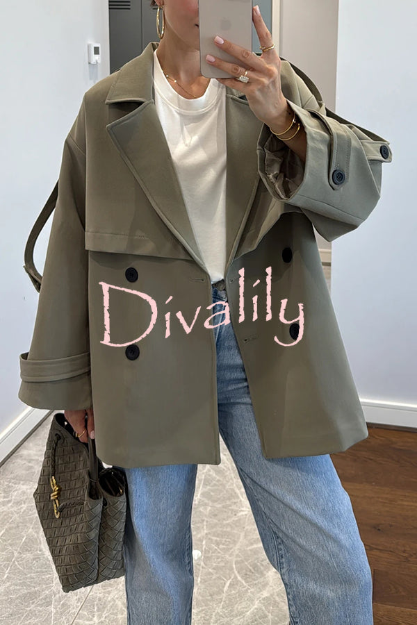 Modern Urban Dropped Shoulder Strap Button Detail Belted Lapel Loose Trench Coat