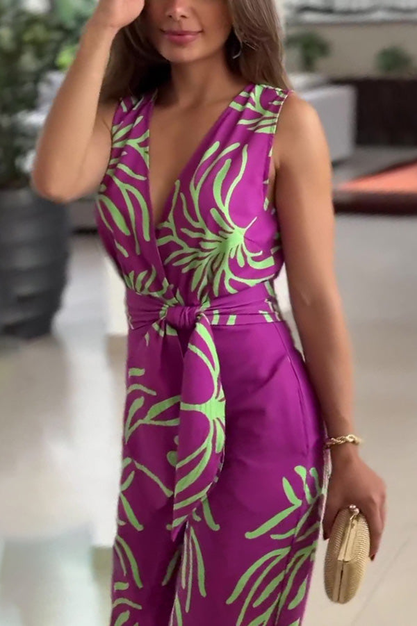 Unique Printed V-Neck Sleeveless Waist Tie Jumpsuit