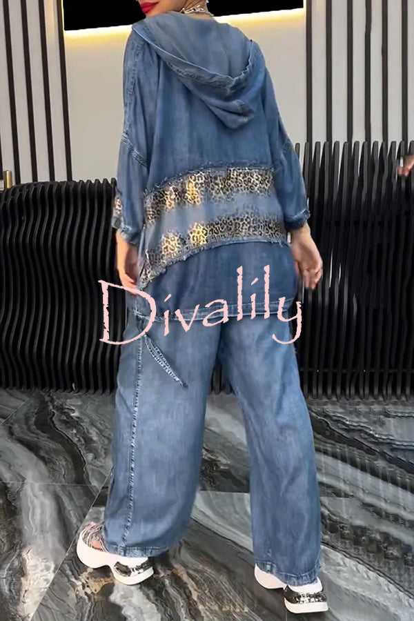 Fashion Loose Hooded Leopard Print Pocket Top and Casual Wide-leg Pants Set