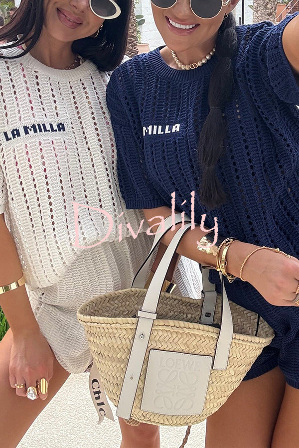 Fashionable Hollow Knit Short-sleeved Top and Elastic High-waist Casual Shorts Set