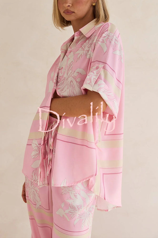 Fashionable Plant Print Loose Lapel Short Sleeve Shirt and Casual Elastic Waist Pocket Pants Set