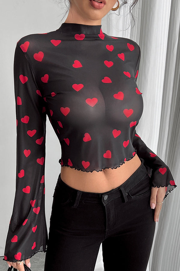 Unique Printed Mesh Trumpet Sleeve Slim Fit Top