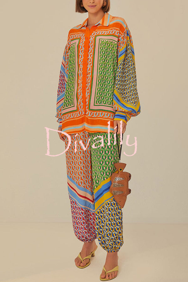 Brazil's Joyful Spirit Colorful Unique Print Balloon Sleeve Button Loose Shirt