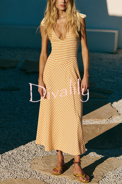 Striped Print V-Neck Lace-Up Backless Holiday Midi Dress